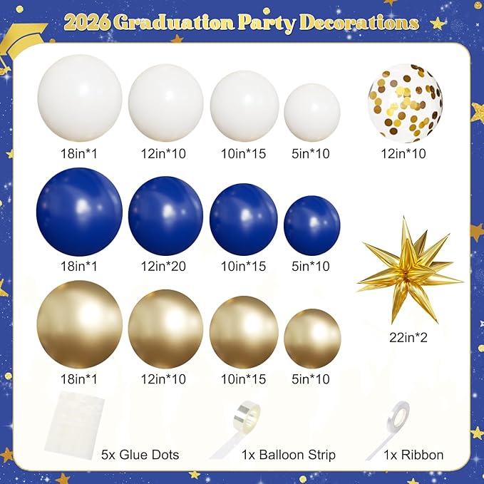 Navy Blue White Gold Balloon Arch Kit, 2026 Graduation Decorations, 130Pcs Blue Gold White Balloons with Foil Star Confetti Balloons for College High School Graduation Decorations Class of 2026
