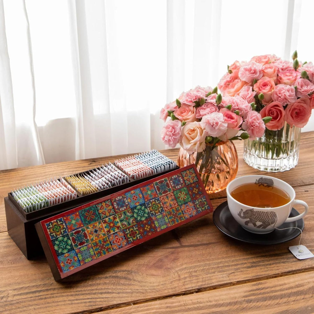 Octavius - Assorted Tea Variety Pack in Tile Motif Design Wooden Box, 6 Flavors, 60 Tea Bags, Black & Green Tea, Tea Gifts for Women & Men