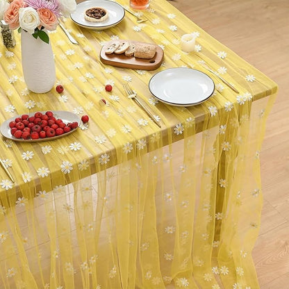 Horaldaily Yellow Embroidery Daisy Spring Summer Gauze Tablecloth 60×104 Inch Rectangular, Seasonal Tulle Table Cover, Garden Party Decorations for Wedding, Party, Holiday Dining