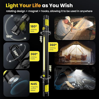 Work Light【AUTO ON/Off】 3000LM LED Work Light 5200mAh Under Hood Working Light with Hooks, Portable Magnetic Rechargeable Cordless Job Site Lighting for Mechanic/Car Repairing/Garage-Yellow
