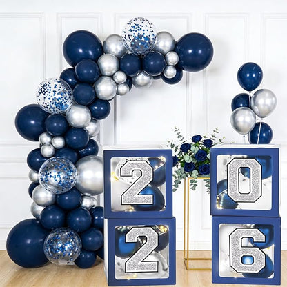 Navy Blue and Silver Graduation Decorations 2026 - Balloons Boxes with Letters 2026 GRAD So Proud of You, Congrats Grad Party Decorations for Any Grades