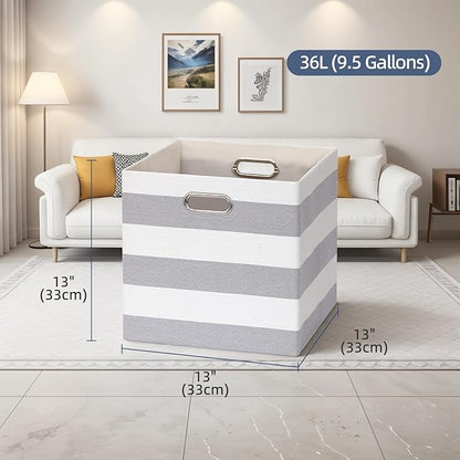 13x13x13 Storage Cube Bins, Foldable Storage Cubes Cubby Baskets Organizer Cloth Bins for Cube Storage Organizing Shelf Closet, Pack of 4, Gray/White Stripe