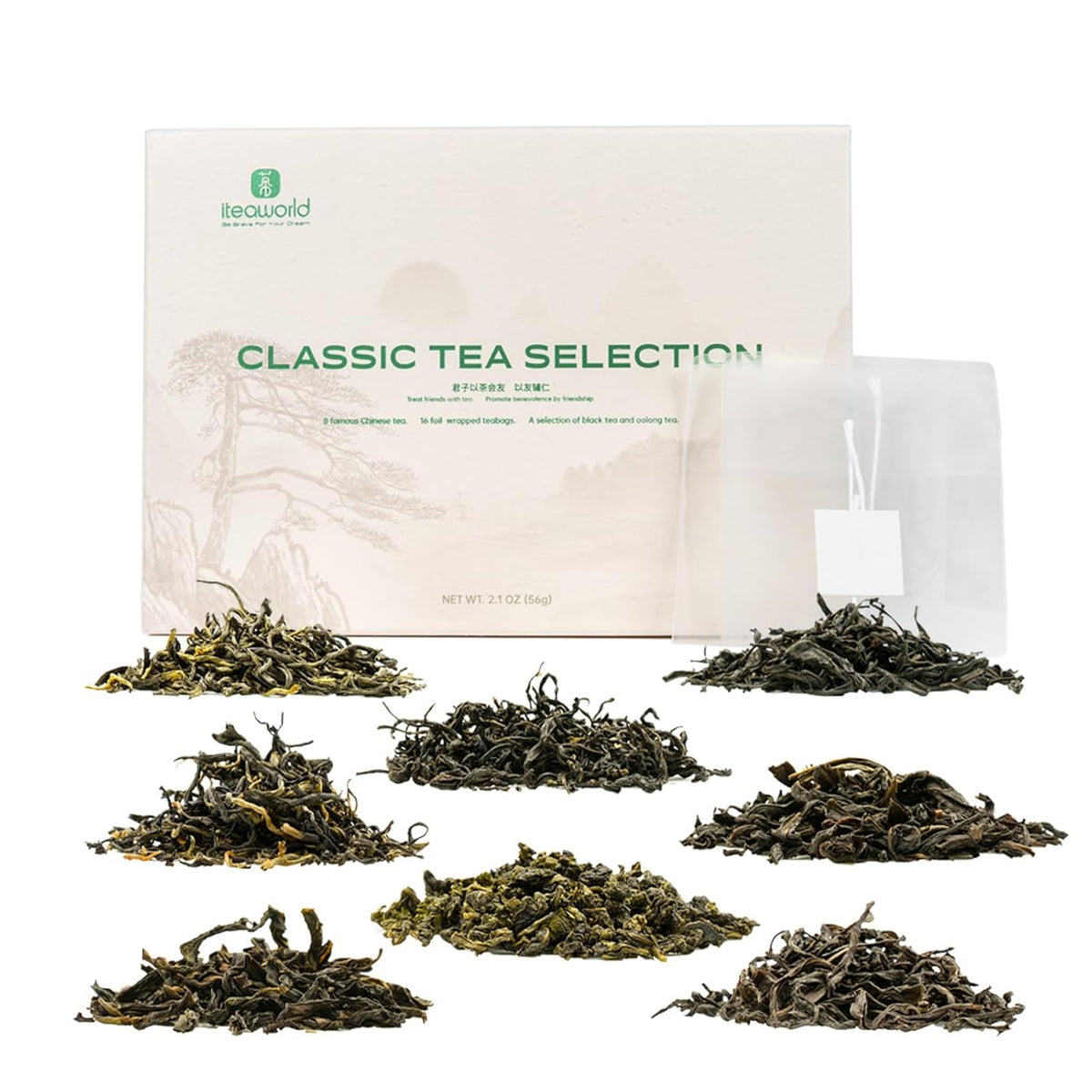 iTeaworld 8 Flavors Sampler Set, Up to 112 cups, High to Low Caffeine, Whole leaves, Loose Leaf Classic Chinese tea, Including Oolong and Black Teas, 16 Sample Bags with 20 Empty Tea Bag, 2.1OZ