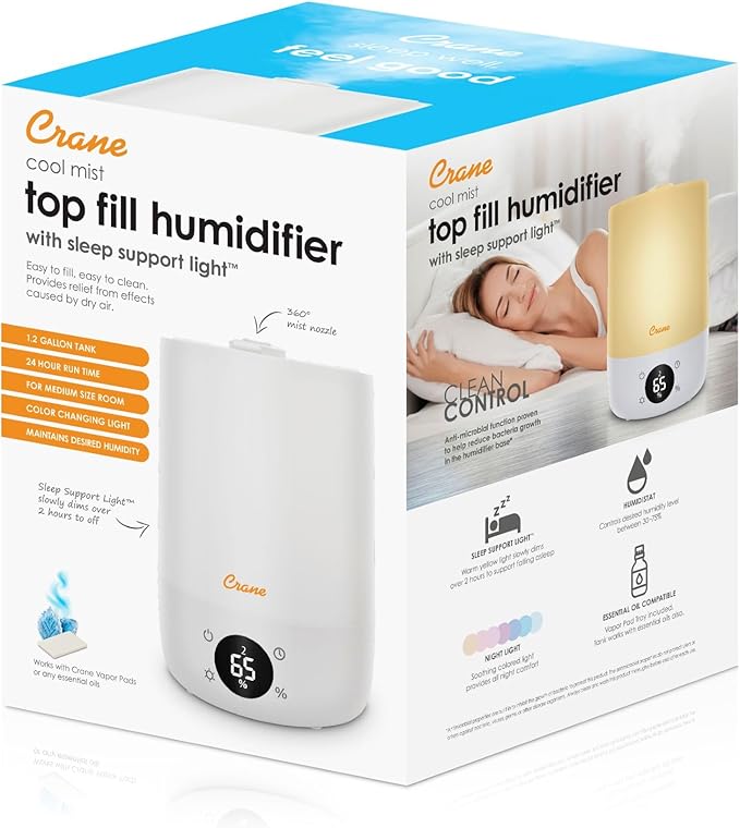 Crane Ultra-Quiet 3-in-1 Humidifier, Essential Oil Aroma Diffuser & Soothing Sleep Light - Compact 1.2 Gallon Capacity with Adjustable Night Light & Fragrance Tray - Ideal for Bedroom and Office