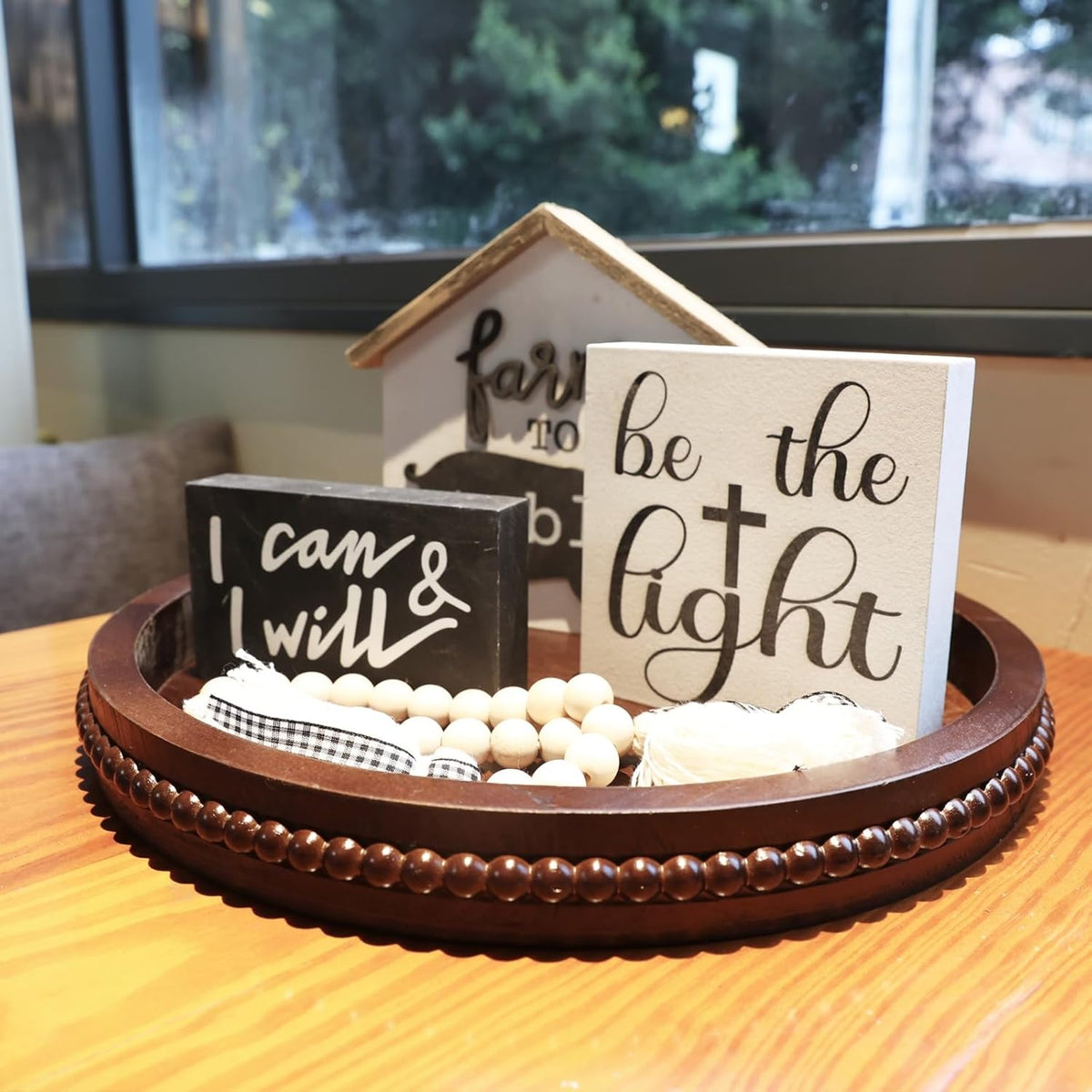 Wood Decorative Serving Tray with Bead, Round Vintage Wooden Ottoman Tray for Home Centerpiece, Counter Organizer, 13” Circle Tray for Kitchen