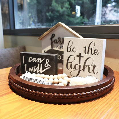 Wood Decorative Serving Tray with Bead, Round Vintage Wooden Ottoman Tray for Home Centerpiece, Counter Organizer, 13” Circle Tray for Kitchen
