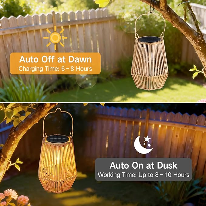Solar Lanterns Outdoor Waterproof, Hanging Rattan Woven Solar Lights with Auto On/Off, Decorative Gifts for Mom Garden, Yard, Patio, Tree, Porch, Lawn, Pathway & Outside Tabletop Decor