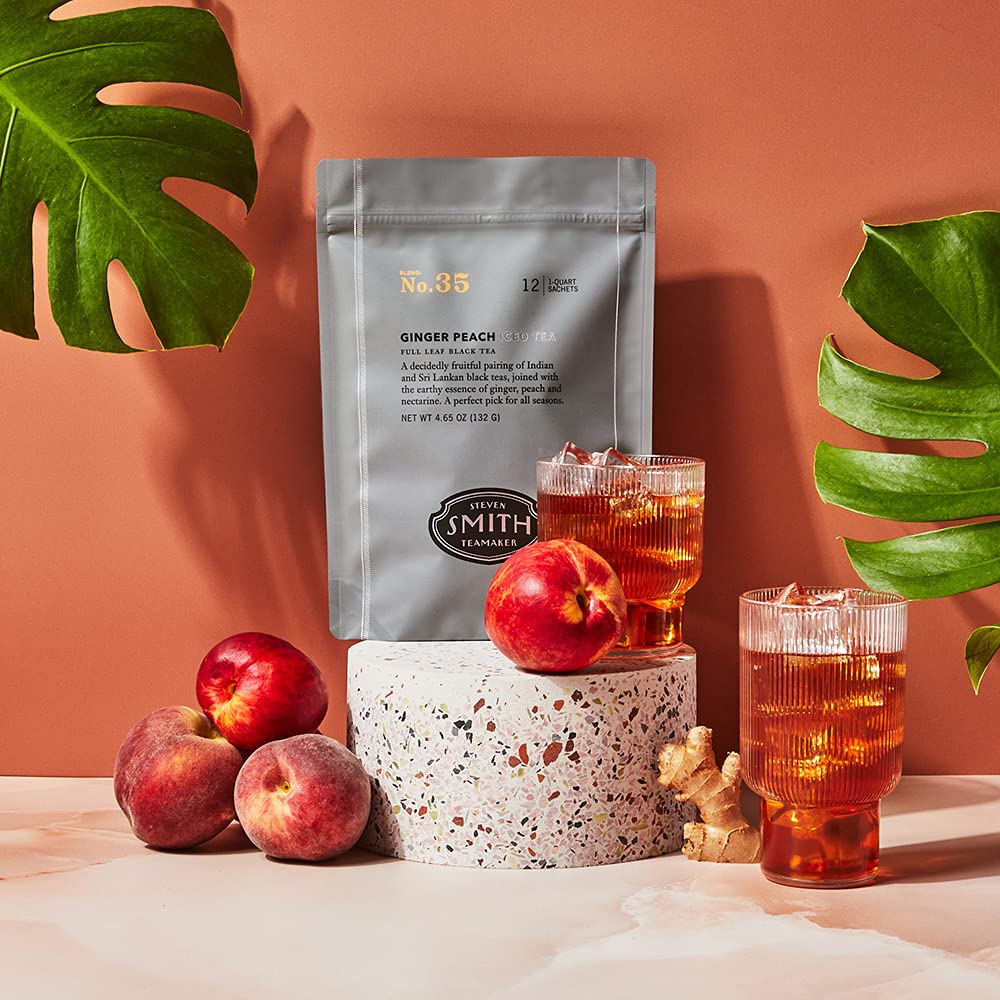 Steven Smith Teamaker Ginger Peach Iced Tea No. 35 Refreshing, Caffeinated, Sugar-Free, Sustainably Grown, Full Leaf Black Iced Tea Bags, 10 Count