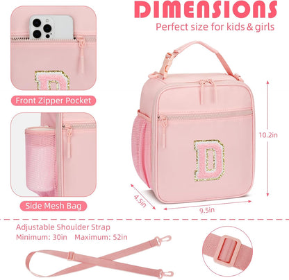 Initial Insulated Lunch Bag for Girls Kids, Back to School Gift, Reusable Leak-proof Lunch Box with Adjustable Strap for School Daycare Travel Picnic (Pink,D)