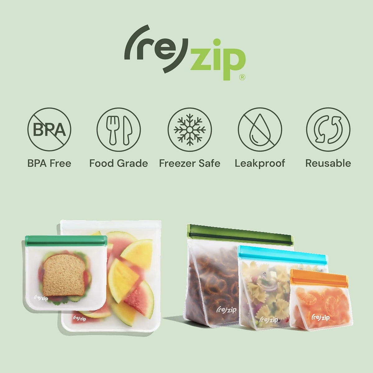 (re) zip 5-Piece Flat Lunch Reusable Food Storage Bags, BPA-Free, Leakproof, Freezer Safe, Dishwasher Safe, Travel Friendly, (3) Sandwich (3.5-Cup/28-Ounce), (2) Snack 1-Cup/8-Ounce Bags, (Clear)