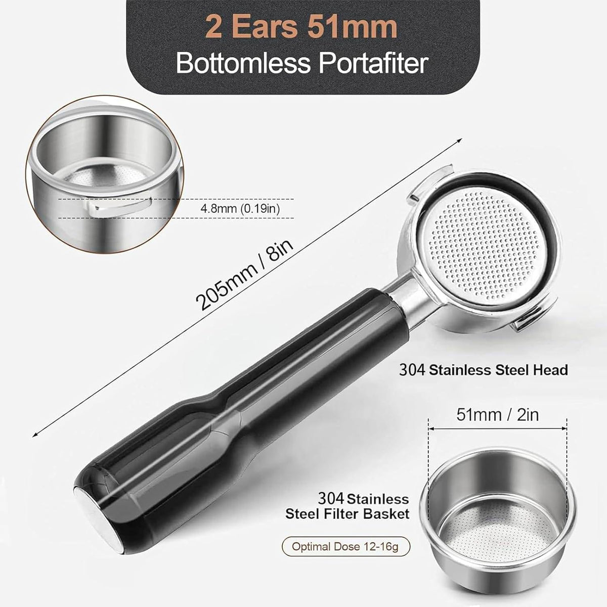 51mm Bottomless Portafilter Compatible for Delonghi ECP3420/ECP3120/EC155/BCO430/EC260, 2 Ears