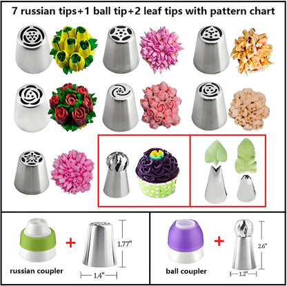 130 Pcs Piping Bags and Tips Set with 48 Numbered Icing Tips,7 Russian Tips,1 Ball Tip,2 Leaf Tips,Pattern Chart,8 Carved Pens,4 Couplers,6 Ties