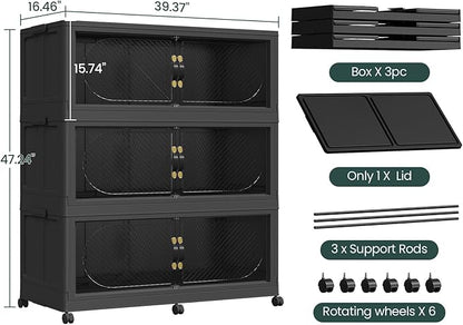 240GAL Plastic Storage Bins with Lid, 960QT Extra Large Stackable Closet Organizers and Storage, Collapsible Storage Boxes with Wheels, Folding Cabinet for Home Kitchen Office, 3Pack Black