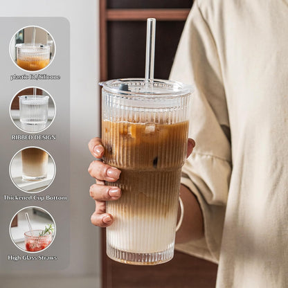 Insetlan 20 oz Ribbed Glass Tumblers with Lids and Glass Straws – 4-Piece Glassware Set, Thickened Glass, Ideal for Iced Coffee, Smoothies, Cocktails