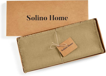 Solino Home Fringe Linen Table Runner 60 Inches - 100% Pure Linen Kelp Table Runner 14 x 60 Inch Ideal for Dresser and Coffee Tables, Spring