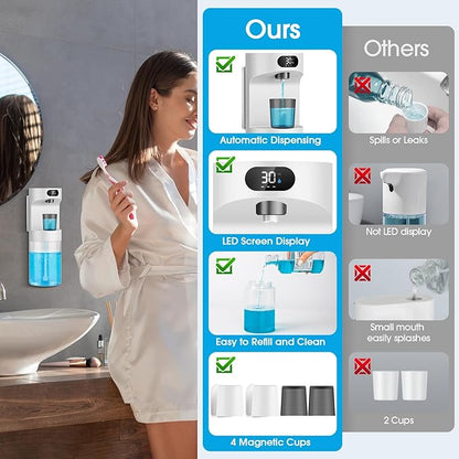 Automatic Mouthwash Dispenser for Bathroom,20.29 oz Touchless Electric Mouth Wash Dispensers Bathroom Accessories Set with 4 Magnetic Cups,4 Modes Wall Mounted Mouth Wash Dispenser for Home & Kids