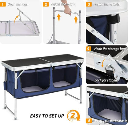 VINGLI 4 Ft Folding Table, Aluminum Camping Table, Picnic Table with Storage, Adjustable Height for Outdoor Beach BBQ Backyards Travel Party (Black ＆ Blue)