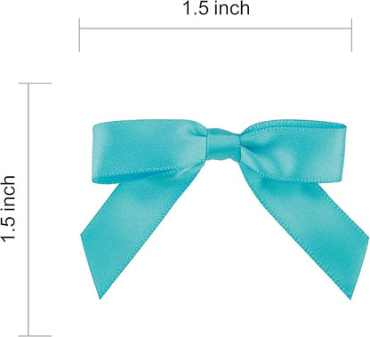 Meseey 100 Pcs 1.5 Inches Pretied Premade Craft Bows with Twist Tie Self Adhesive Satin Ribbon Bows for Treat Bags Gift Wrapping Basket Wedding Baby Shower Brithday Party (Turquoise Blue)