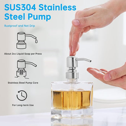 Hand Soap Dispenser Square with Brushed Nickel Pump, 8.4 oz Liquid Clear Glass Soap Dispenser with Stainless Steel Pump for Dish Soap Bathroom Kitchen Vanity Countertop