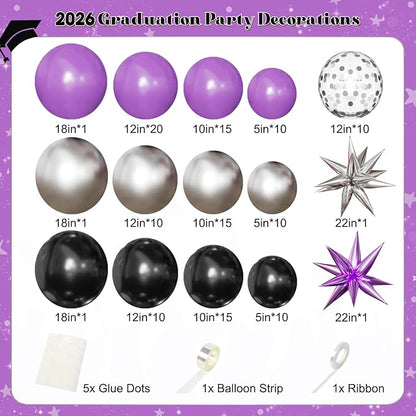 Purple and Black Balloon Arch Kit, 2026 Graduation Decorations, 130Pcs Purple Black Silver Balloons with Foil Star Confetti Balloons for College High School Graduation Decorations Class of 2026