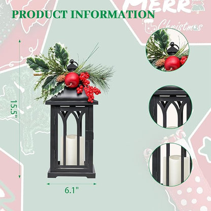 Christmas Decorative for Home, 15.7" Outdoor Large Lanterns Waterproof Christmas Decor Lanterns Decorative Hanging Lantern for Fireplace Table Centerpieces, Porch, Patio Black