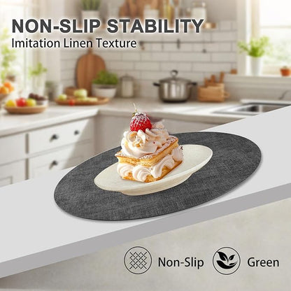 Round Faux Leather Placemats and Coasters, Set of 6, Reversible Heat Resistant Non-Slip Table Mats, Waterproof Wipeable Place Mats for Dining Table, Washable for Indoor & Outdoor (6, Dark Grey)