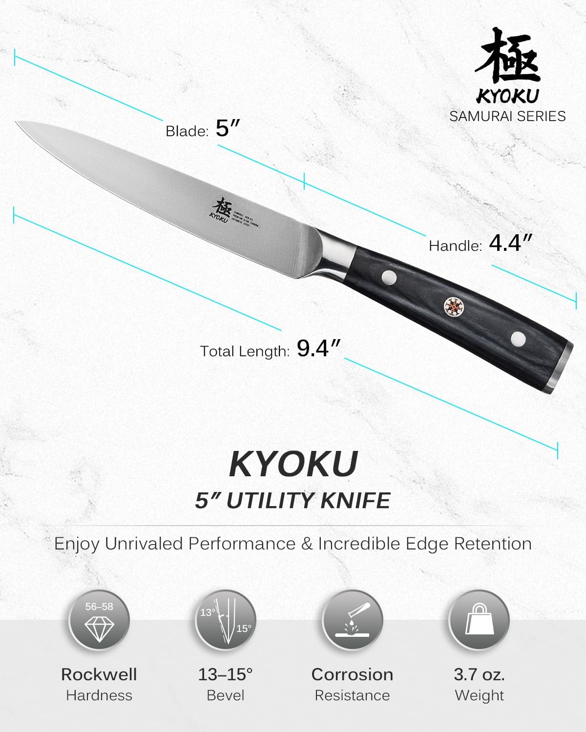 Kyoku 5" Kitchen Utility Knife, Samurai Series Chef Knife with Pakkawood Handle & Mosaic Pin, Japanese High Carbon Steel Knife