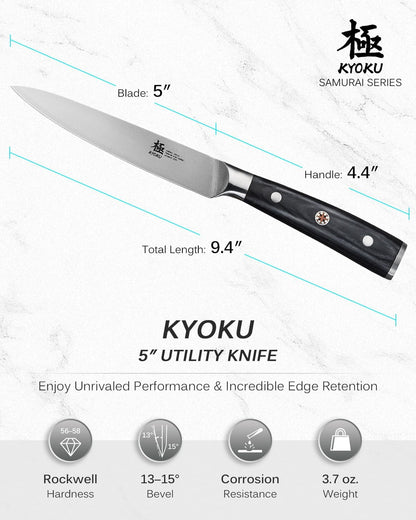 Kyoku 5" Kitchen Utility Knife, Samurai Series Chef Knife with Pakkawood Handle & Mosaic Pin, Japanese High Carbon Steel Knife