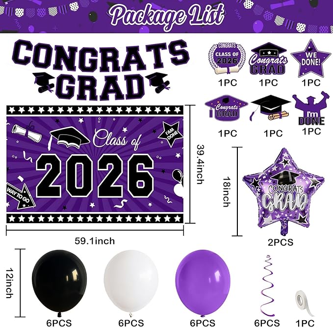 Graduation Decorations 2026, Purple Black Graduation Party Decorations Set with Class of 2026 Backdrop Congrats Grad Banner 18inch Foil Grad Star Balloons Hanging Streamers Kit for High School College