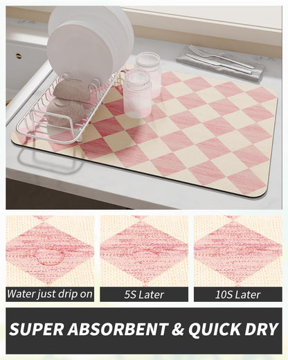 AMOAMI Coffee Mat Hide Stain Rubber Backed Absorbent Dish Drying Mat for Kitchen Counter - Fits Under Coffee Maker or Machine - PINK 17x31.5