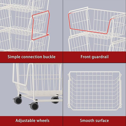 PUSDON 4-Tier Spacious Stackable Wire Storage Baskets with Wheels, Metal Rolling Utility Cart, Produce Basket for Pantry, Bathroom Organizer Shelf, Classic White