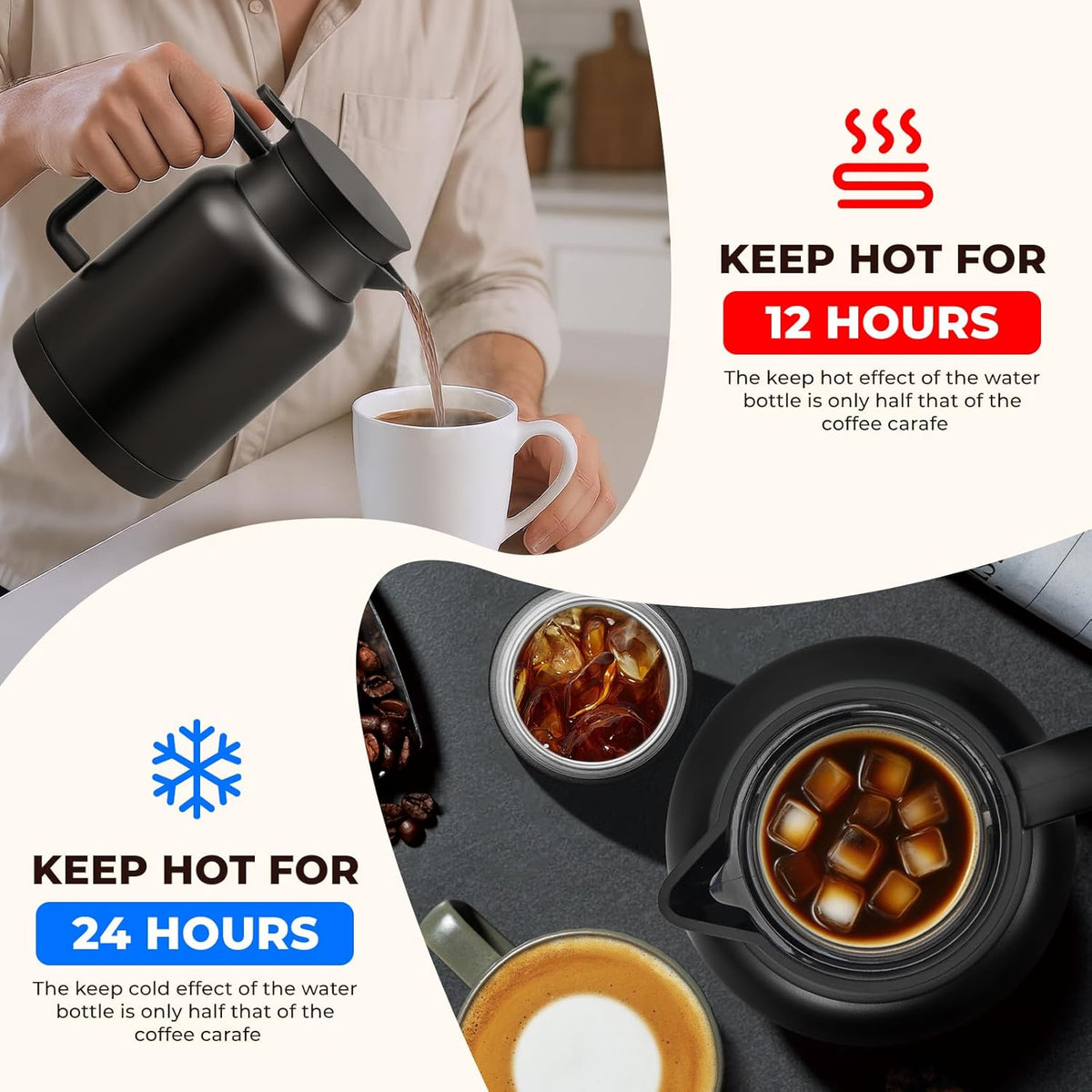 2 Pack 49oz Thermal Coffee Carafe and 15oz Insulated Water Bottle, Stainless Steel Vacuum Thermal Carafes and Water Bottle for Keeping Coffee, Tea