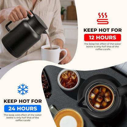 2 Pack 49oz Thermal Coffee Carafe and 15oz Insulated Water Bottle, Stainless Steel Vacuum Thermal Carafes and Water Bottle for Keeping Coffee, Tea