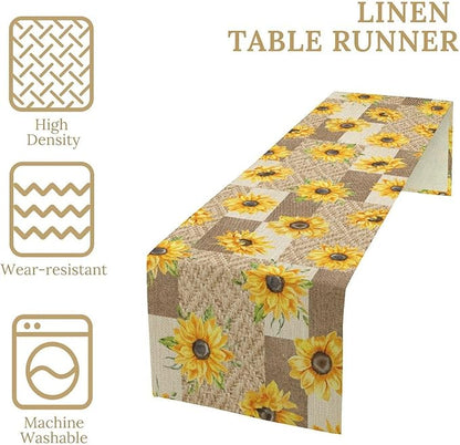 Farmhouse Sunflower Table Runner, Rustic Vintage Linen Patchwork Summer Yellow Floral Table Cover for Bithday Party Home Kitchen Dining Room Decor, 13x108inch