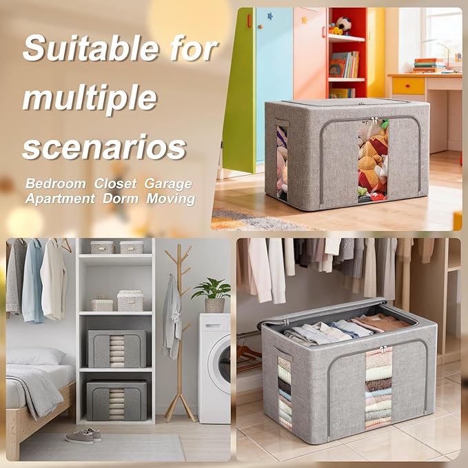 Amiya Clothes Storage Bins with Metal Frame,3-Pack Foldable Linen Fabric Storage Box with Lids, Stackable Organization and Storage Bins with Clear Window,Zippers,Handles(Grey,66L)