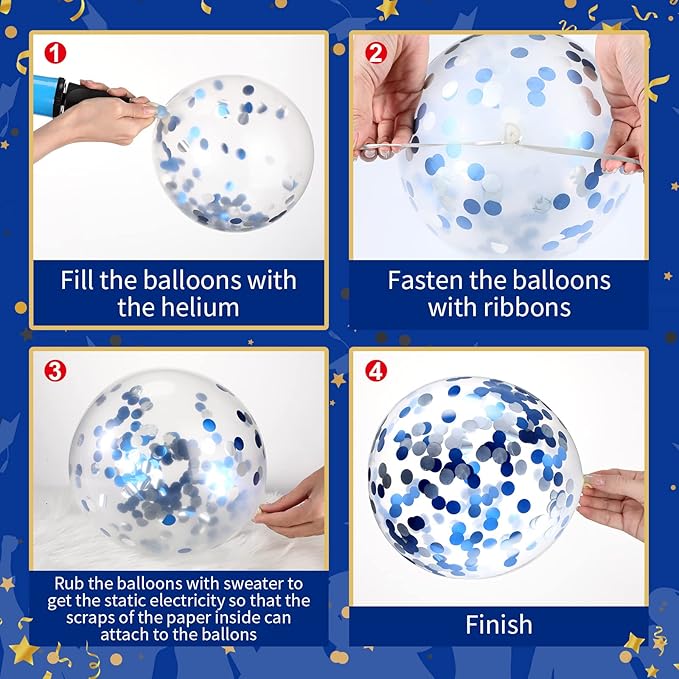 Sratte 60 Pcs 12 Inch Black Blue White Balloons Kit Graduation Decorations Back to School Confetti Latex Metallic Balloons with 2 Rolls Ribbon Party Favor for Memorial Day Birthdays