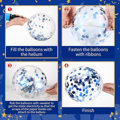 Sratte 60 Pcs 12 Inch Black Blue White Balloons Kit Graduation Decorations Back to School Confetti Latex Metallic Balloons with 2 Rolls Ribbon Party Favor for Memorial Day Birthdays