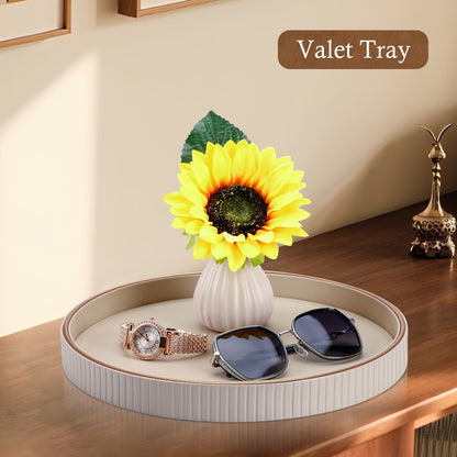 Gorese Round Decorative Tray for Coffee Table Decor, 12" PU Leather Serving tray Table Centerpiece Home Decor