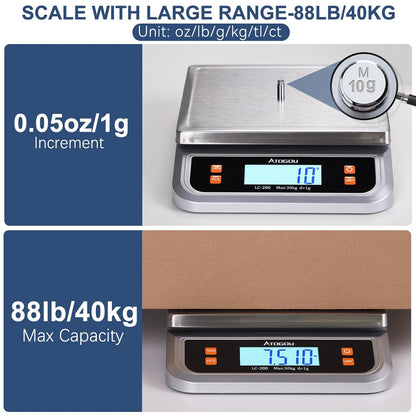 88lb Food Scale, Commercial Kitchen Scale Plug-in Usable with Full View LCD Display, Stainless Steel, for Baking, Bread, Cooking, Meat, Vegetables