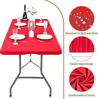 10 Pack Stretch Fabric Table Top Cap Cover, fits 8' Tables, Spandex Table Covers Washable Elastic Rectangle Tablecloth Protector for Indoor Outdoor Party Picnic Wedding, Red, 30" W x 96" L