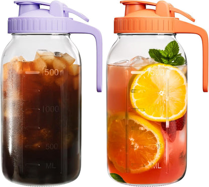 | 2 Pack | 64oz | Glass Mason Jar Pitcher with Lid and Spout, 2 Quart (1.9 Liter) Airtight Glass Water Jug Wide Mouth for Juice, Sun Tea, Iced Coffee, Milk Storage, Purple & Orange