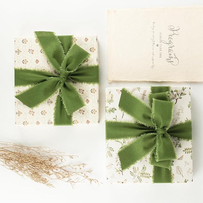 Moss Green Cotton Ribbon 1-1/2 Inch Moss Green 3 Rolls 21 Yards Frayed Edge Fabric Set for Rustic Wedding Decor, Bridal Bouquet Wrap, Woodland Theme Party, Baby Shower & Wreath Making