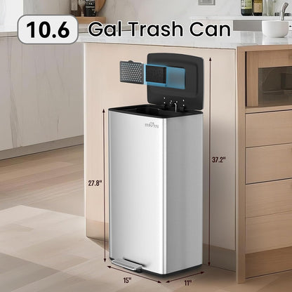 mVm 10.6 Gallon Kitchen Step Trash Can, Soft-Close and Foldable Foot Pedal Heavy Duty Bin for Offices Dorms Home Rooms (Gray)