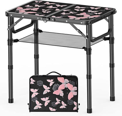 YihuiKo Small Camping Table, Vintage French Butterflies Pattern Folding Table, Adjustable Height, Lightweight & Portable Outdoor Picnic Table with Carry Handle for Patio, Living Room, Travel