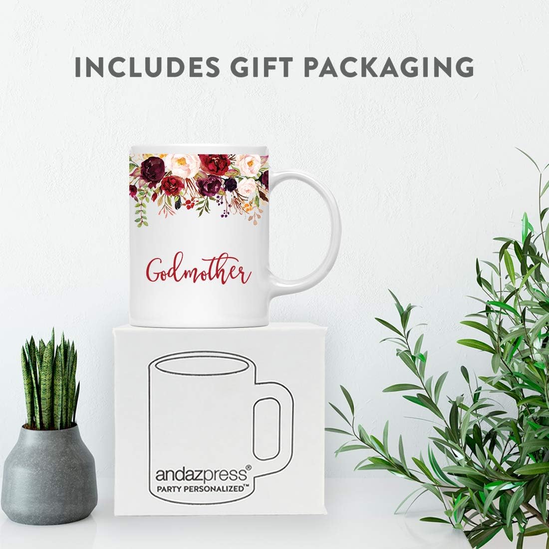 Andaz Press 11oz. Mother's Day Ceramic Coffee Tea Mug Gift, Fall Autumn Marsala Burgundy Flowers Roses Florals, Godmother, 1-Pack, Includes Gift Box, Birthday Christmas Gift Ideas