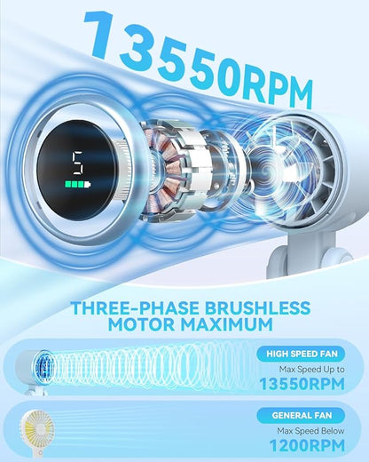 PlayHot Portable Handheld Turbo Fan, 5-Speed Personal Fans, 5000mAh Rechargeable Fans Up to 12 Hours, Weight only 0.6lb Small Fan, Hand/Neck/Desk Fan 3 IN 1, Beach Vacation Essentials(Blue)