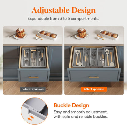 Lifewit Plastic Utensil Organizer for Kitchen Drawers, Expandable 13 to 22.4 Inches Wide, Adjustable Cutlery Silverware Flatware Holder, Kitchen Spatula Tools and Gadgets Storage Divider, Large, Gray