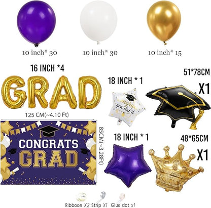 Purple White Gold Balloon Garland Arch Kit with backdrop Stars Graduation Cap crown GRAD Letters Mylar Balloons for 2026 graduate Prom Decorations