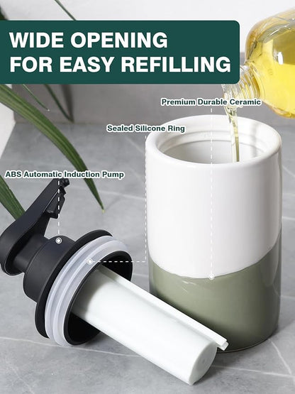 BosilunLife Automatic Soap Dispenser Ceramic Hand Free Soap Dispenser with Waterproof Pump Rechargeable Smart Electric Soap Lotion Dispenser Touchless for Kitchen Bathroom (White-Green, Liquid Pump)