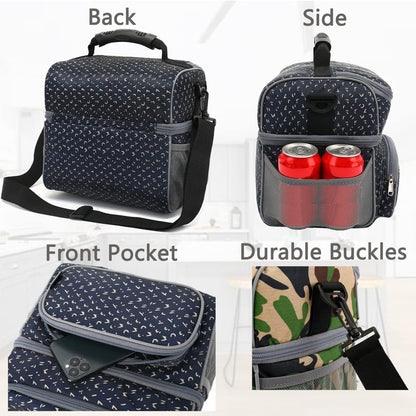 FlowFly Double Layer Cooler Insulated Lunch Bag Adult Lunch Box Large Tote Bag for Men, Women, With Adjustable Strap,Front Pocket and Dual Large Mesh Side Pockets
